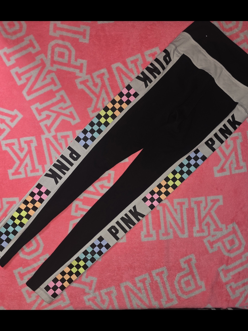PINK Victoria's Secret Black Leggings with Rainbow Checker Side Panels
